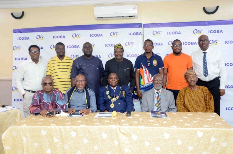 (From the second person seated on the left – The Chairman, Board of Trustees, ICOBA, Mr. Bode Thorpe, President, Mr. Olumuyiwa Kinoshi and First Vice President, Mr. Yomi Badejo-Okusanya with members of the the National Election Committee